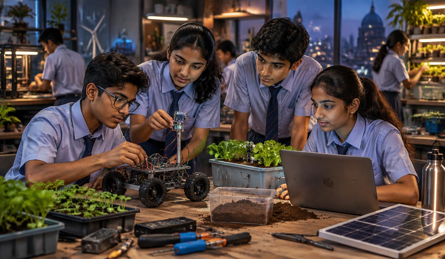 Ramagya students building a robotics and sustainable farming project